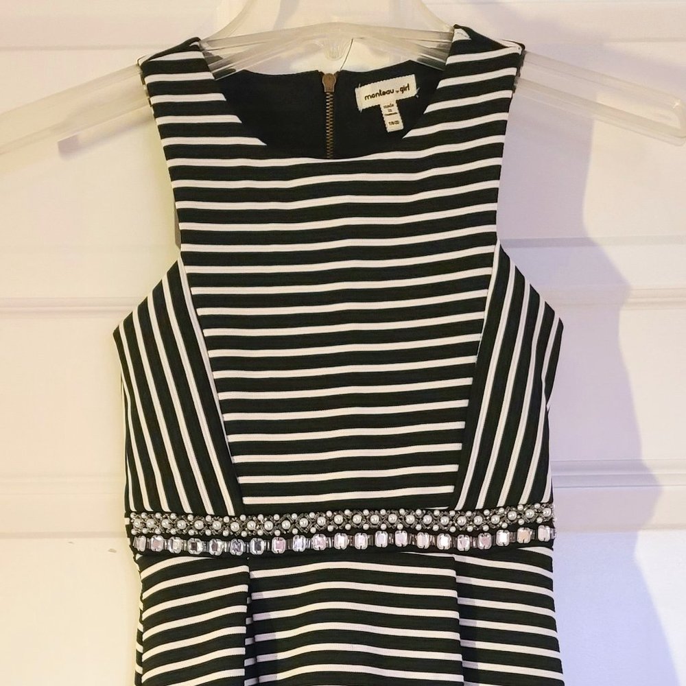 Big girls black and white striped dress with jewel accents (size 7/8 small)